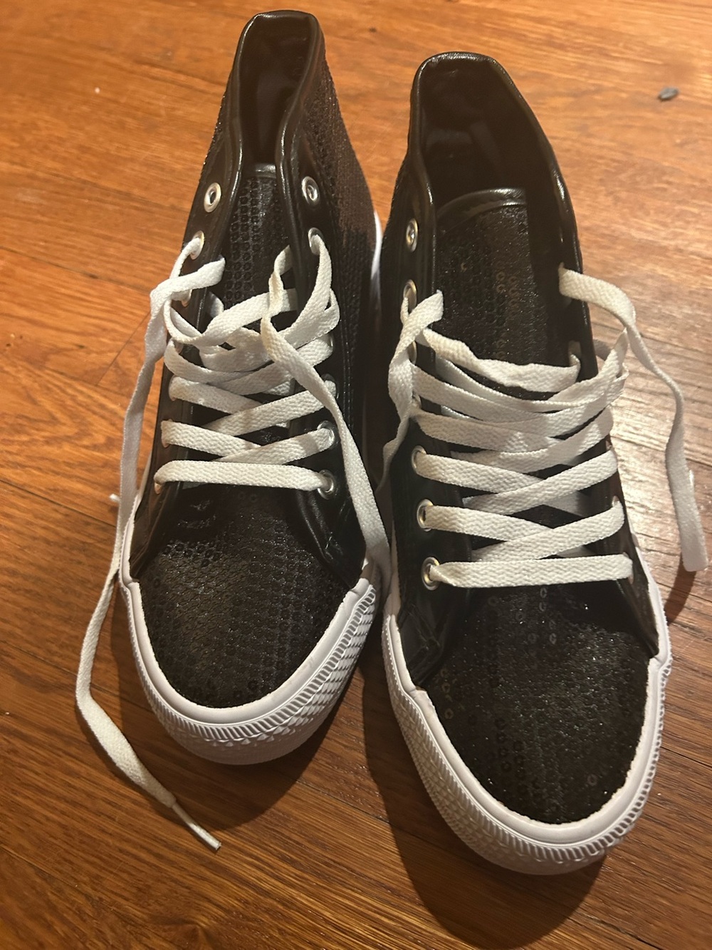 Women’s Sequenced Black High-Top Fashion Sneakers with White Laces